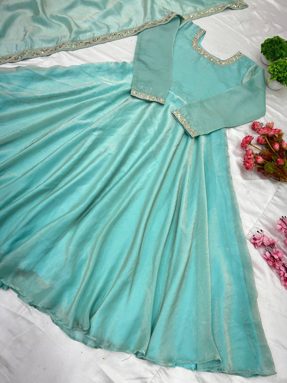 Designer Party Wear Look Gown-Dupatta With Multi Thread Embroidery Sequence Work