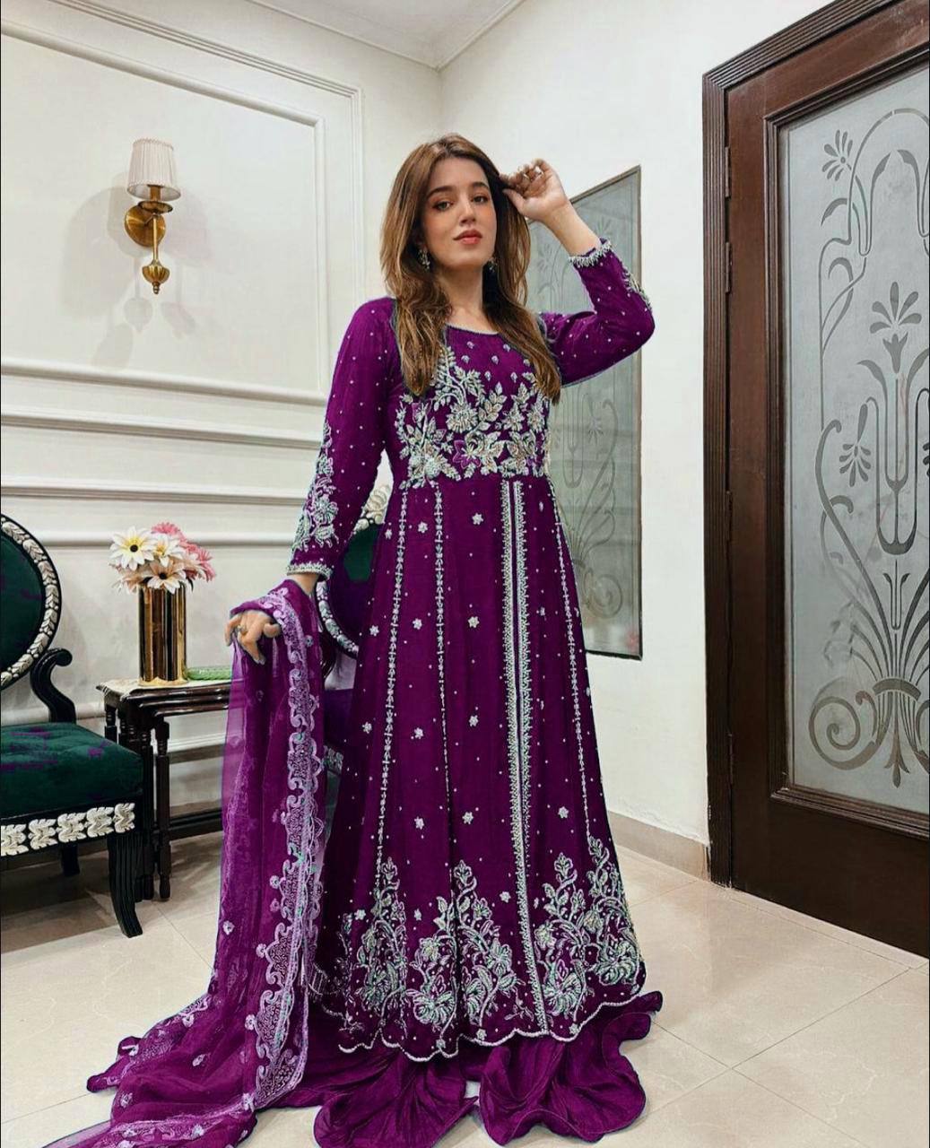 Designer Party Wear Gown With Zari Embroidery Work