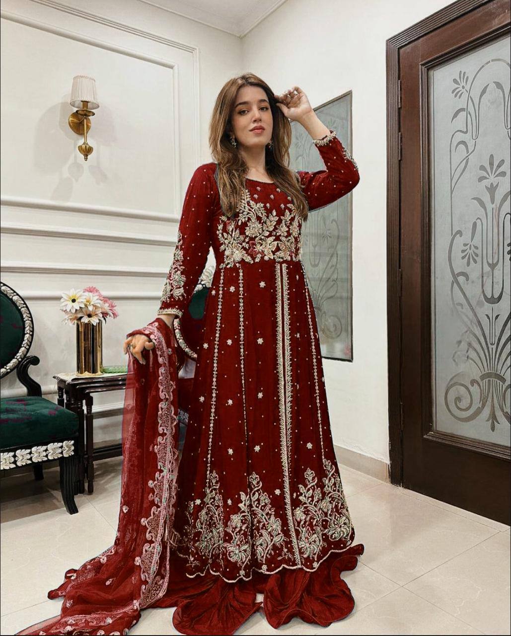Designer Party Wear Gown With Zari Embroidery Work