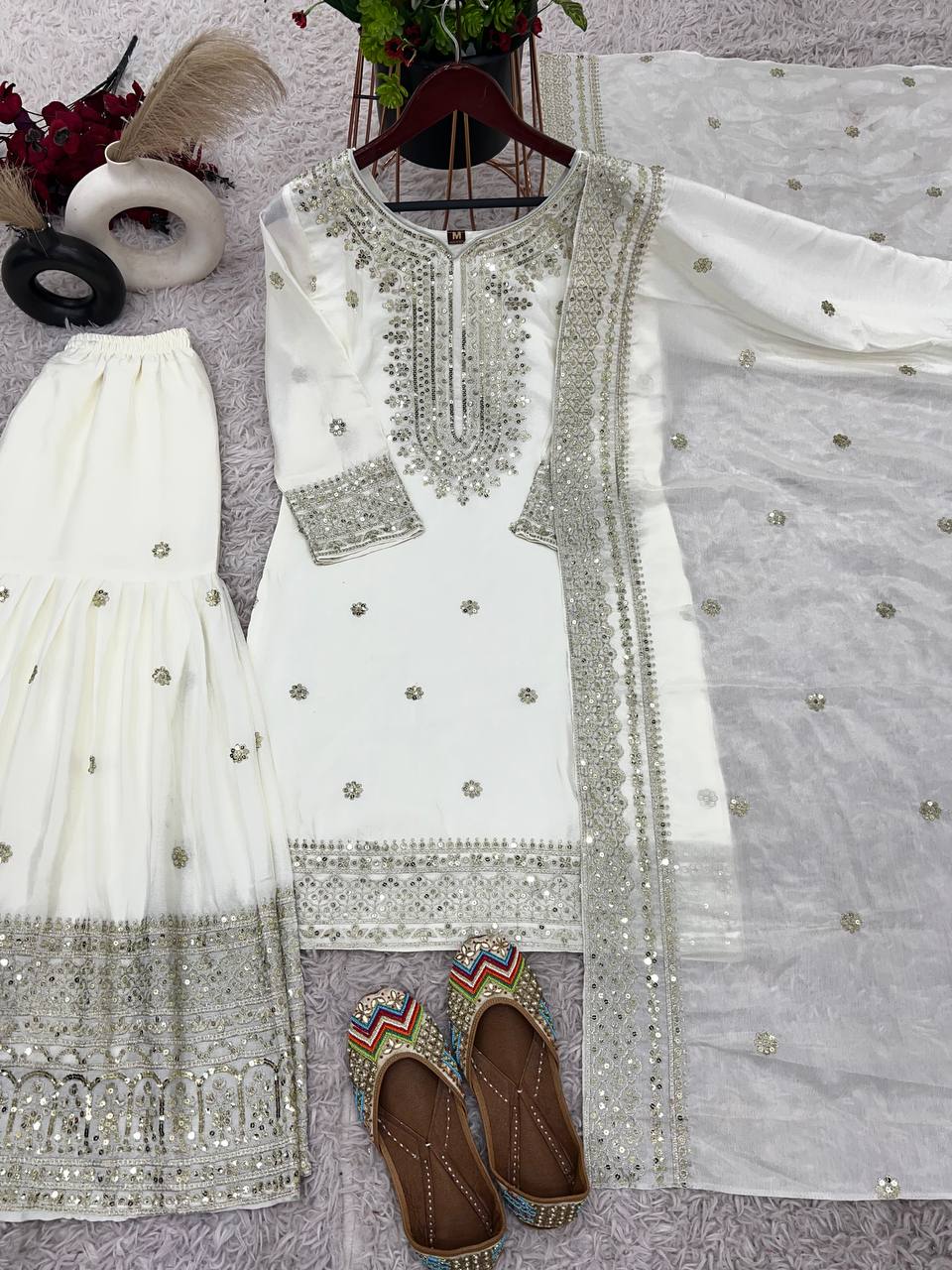 Beautiful Top-Plazo And Dupatta With Heavy Embroidery Sequence Work