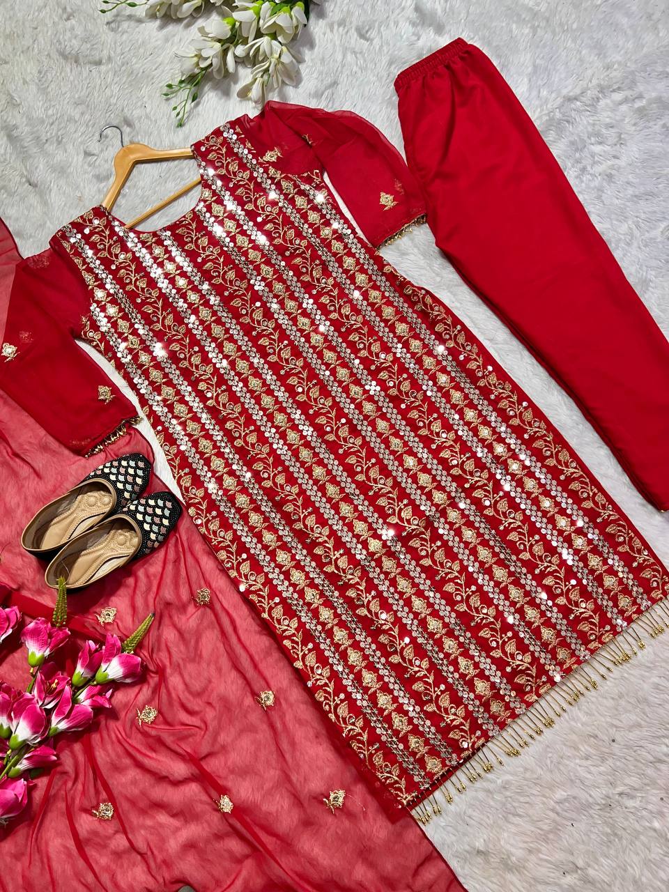Designer Long Top , Pant and Dupatta In Fancy Style