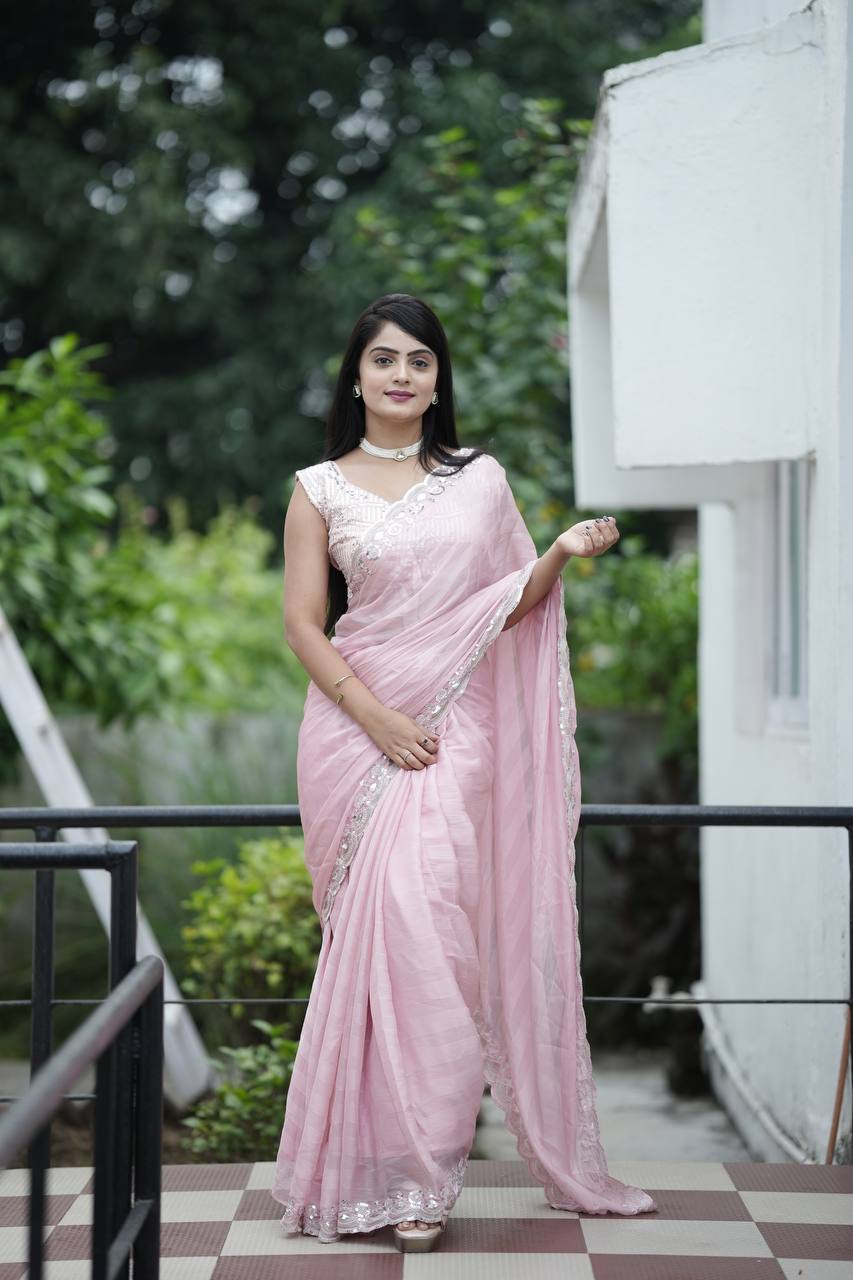 Designer Party Wear Saree Sequence And Embroidery Work