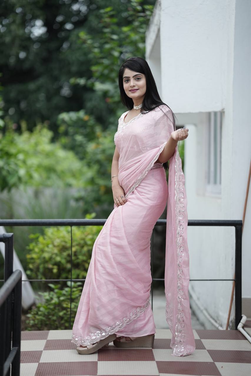 Designer Party Wear Saree Sequence And Embroidery Work