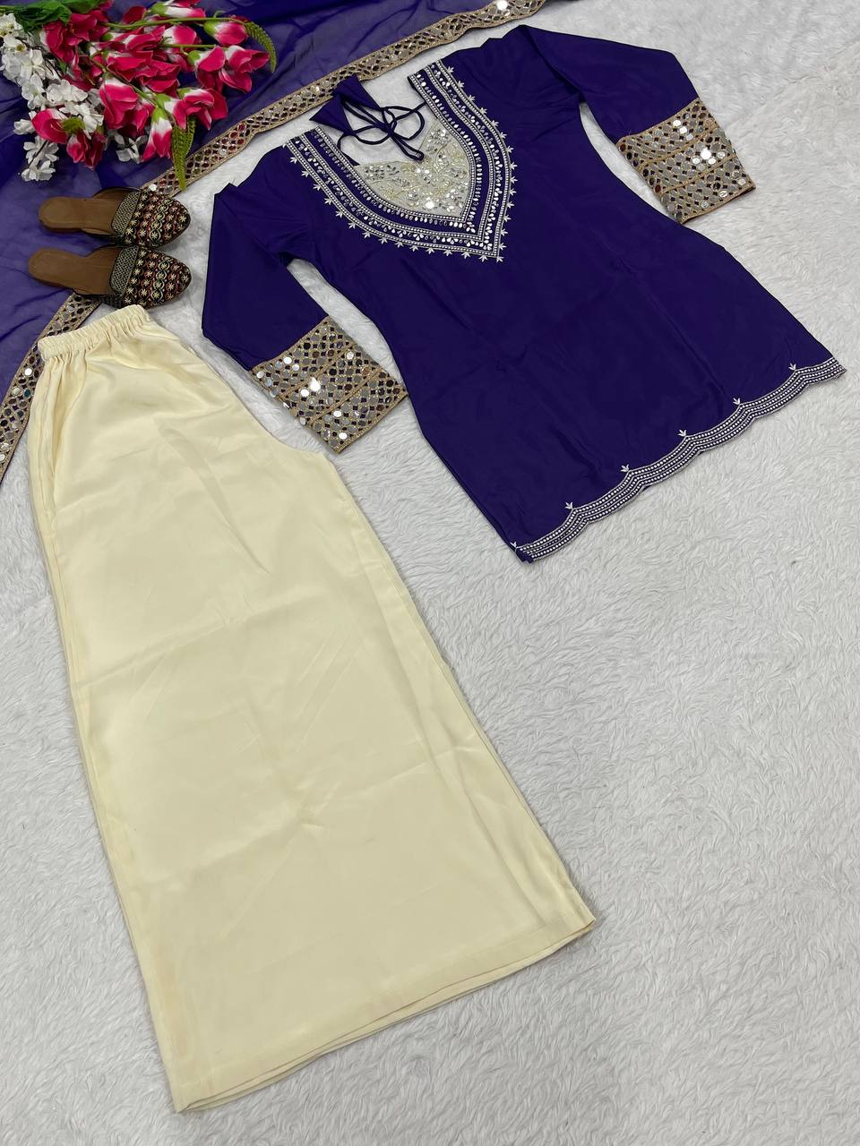 Beautiful Suit Set With Embroidery With Original Hand Mirror Work