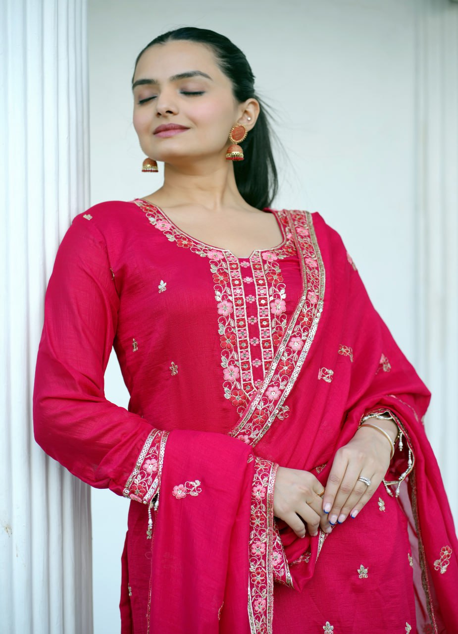 Designer Embroidered Suit Set With Sequence Embroidered Work