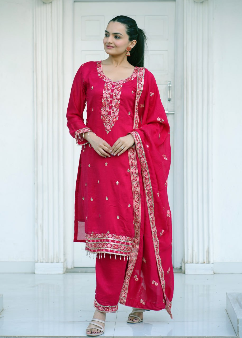 Designer Embroidered Suit Set With Sequence Embroidered Work