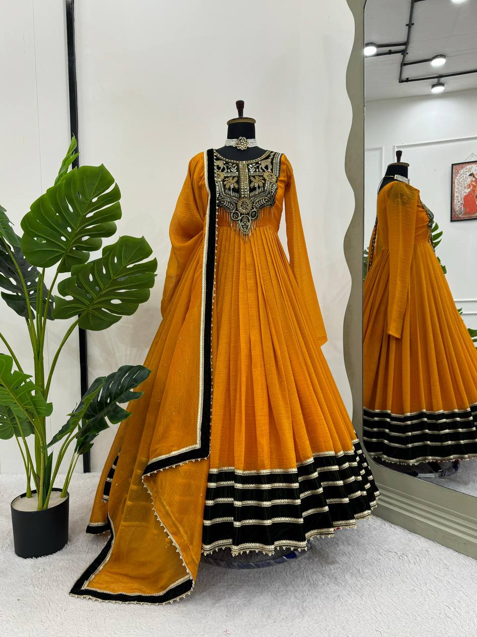 Designer Gown With Thread, Sequence And Fancy Latkan With Lace Border