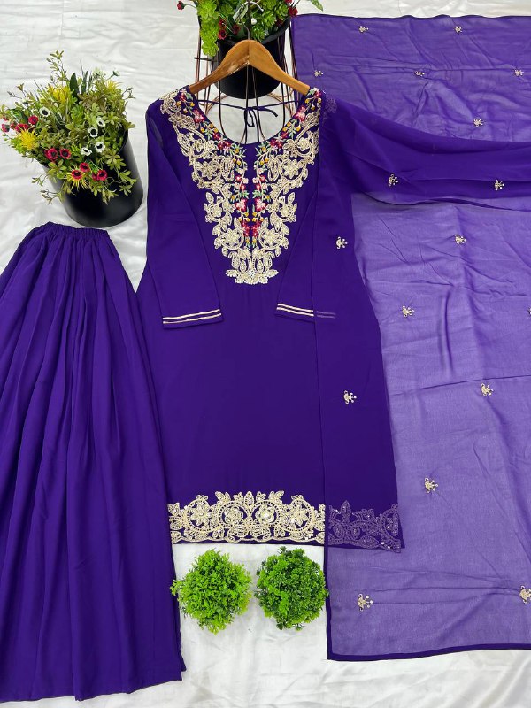 भारी कढ़ाई के साथ डिज़ाइनर टॉप-प्लाज़ो और दुपट्टा