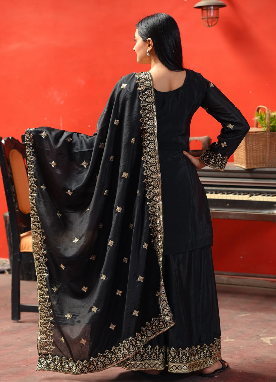 Designer Embroidered Chinon Sharara Suit With Sequence Embroidered Work