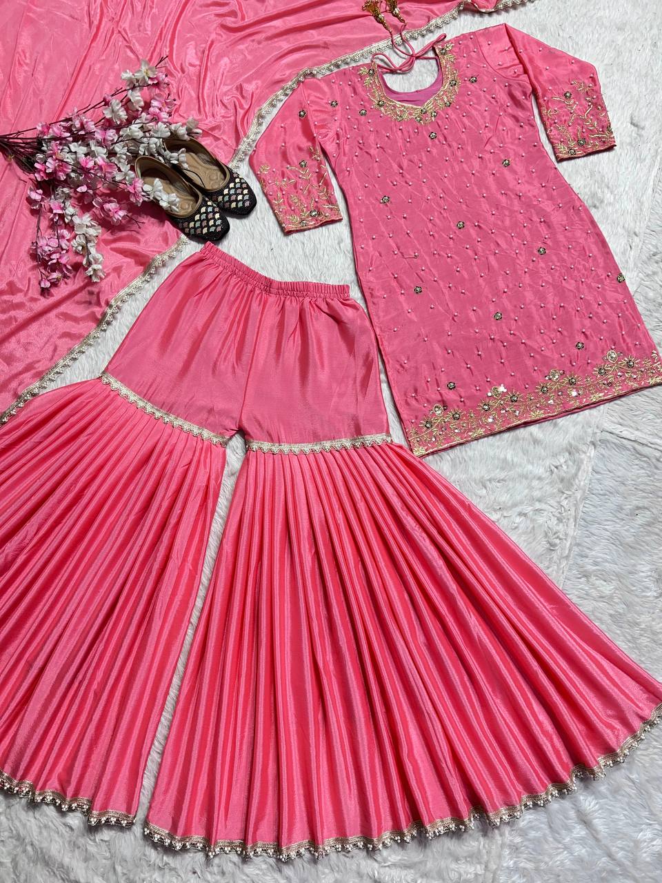 Beautiful Party Wear Top Bottom Abd Dupatta With Moti Handwork