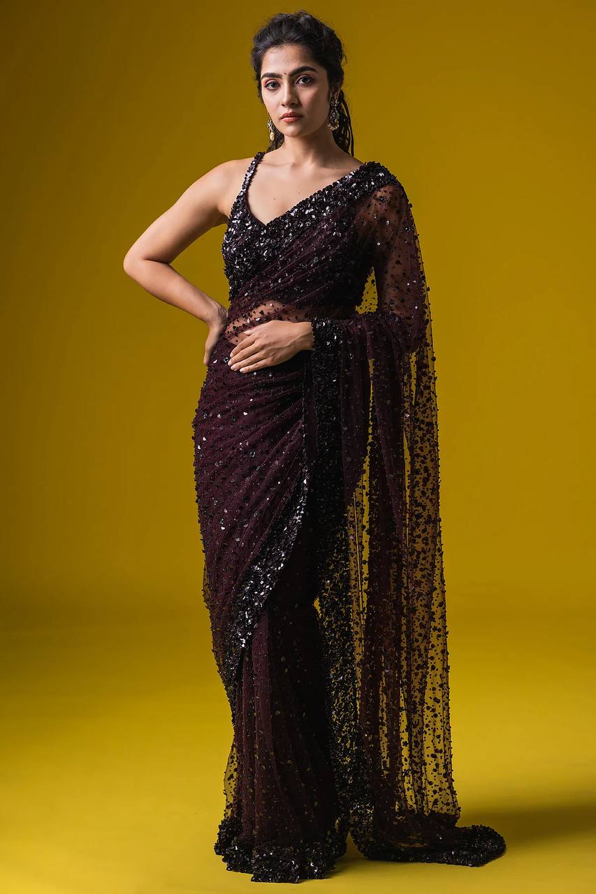 Party Wear Designer Saree With Sequence  & Thread Work