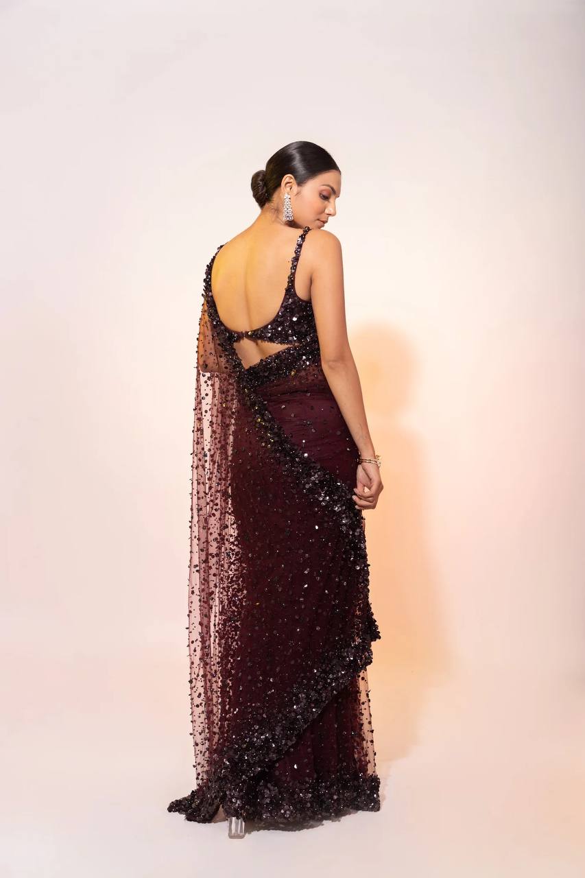 Party Wear Designer Saree With Sequence  & Thread Work