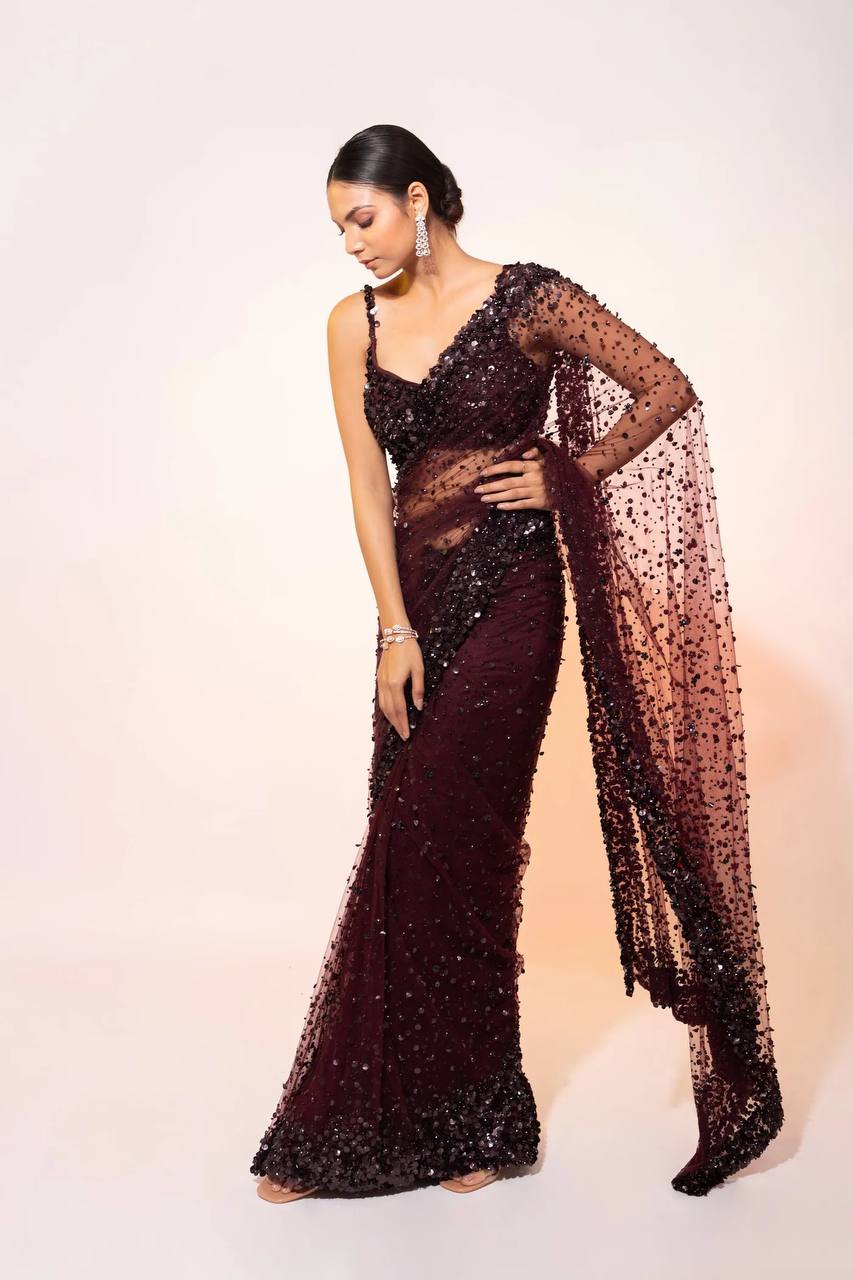 Party Wear Designer Saree With Sequence  & Thread Work