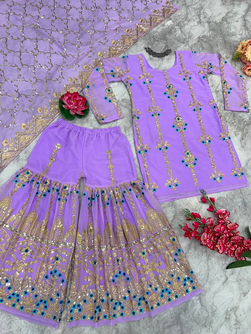 Beautiful Party Wear Top And Sharara With Fancy Dupatta