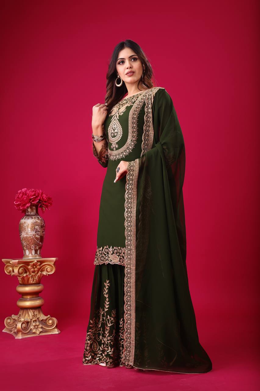 Beautiful Top-Bottom And Dupatta With Heavy Embroidery Sequence Thread Work