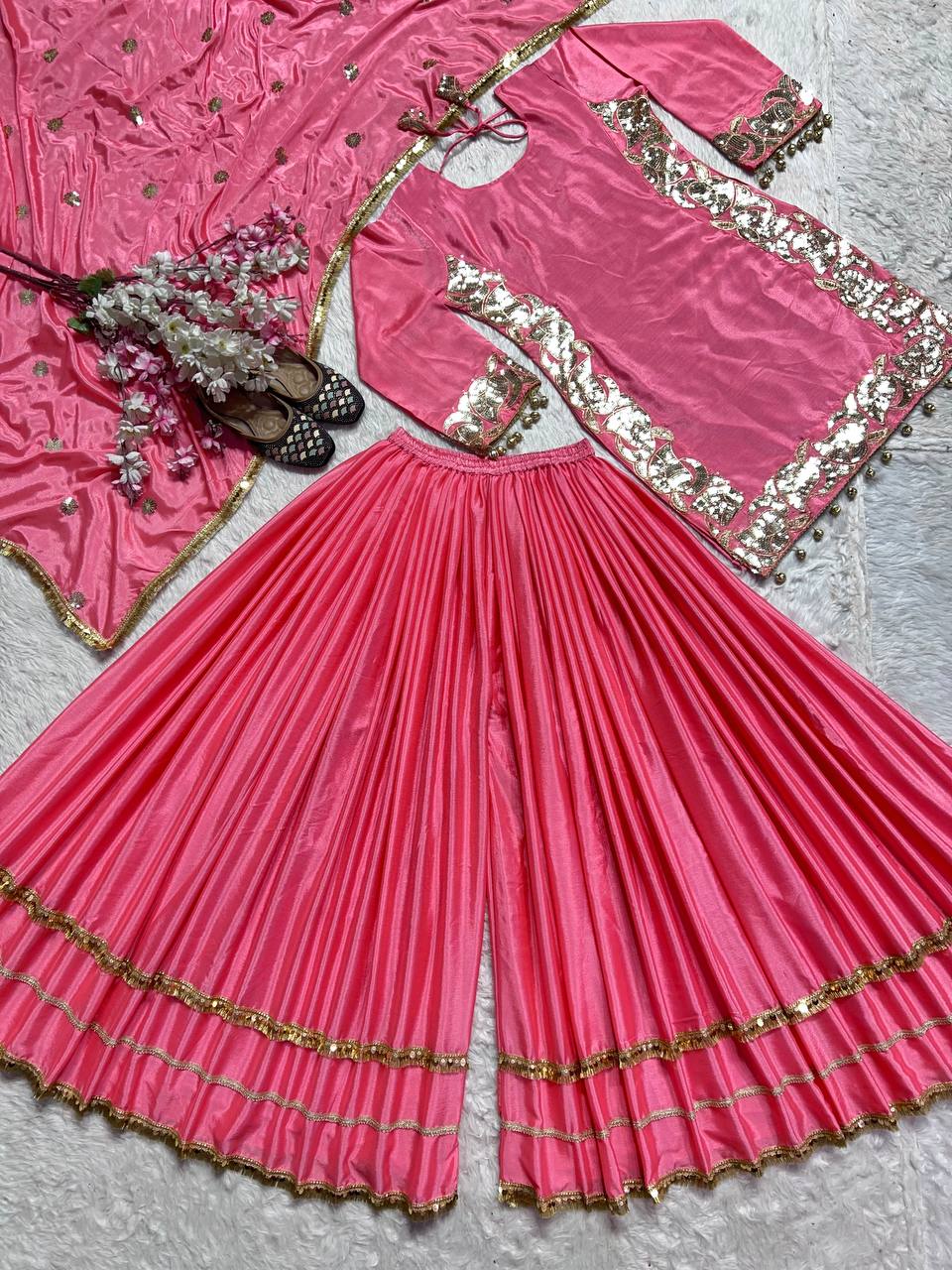 डिज़ाइनर पार्टी वियर टॉप-प्लाज़ो और दुपट्टा भारी कढ़ाई के काम के साथ