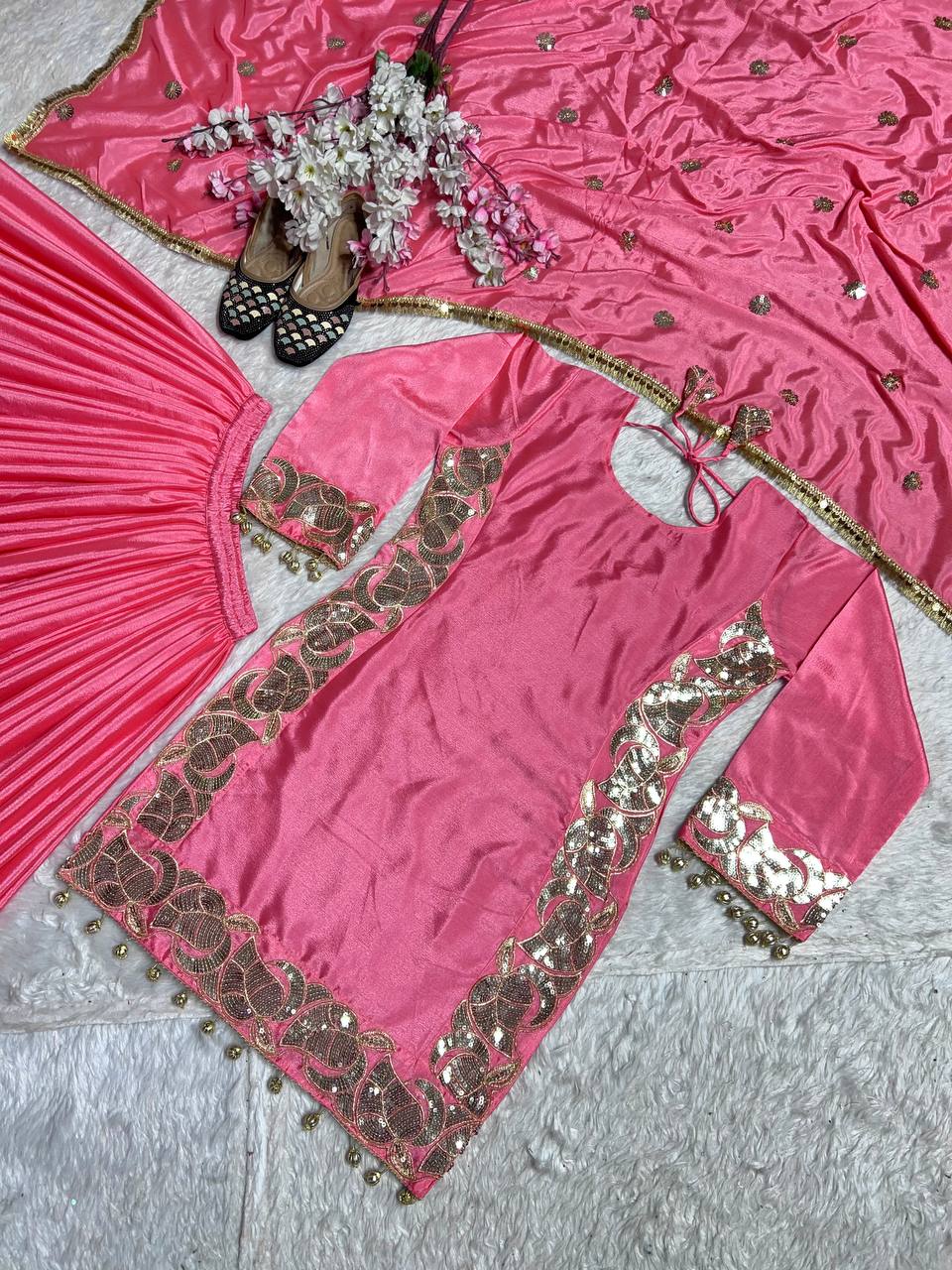 डिज़ाइनर पार्टी वियर टॉप-प्लाज़ो और दुपट्टा भारी कढ़ाई के काम के साथ