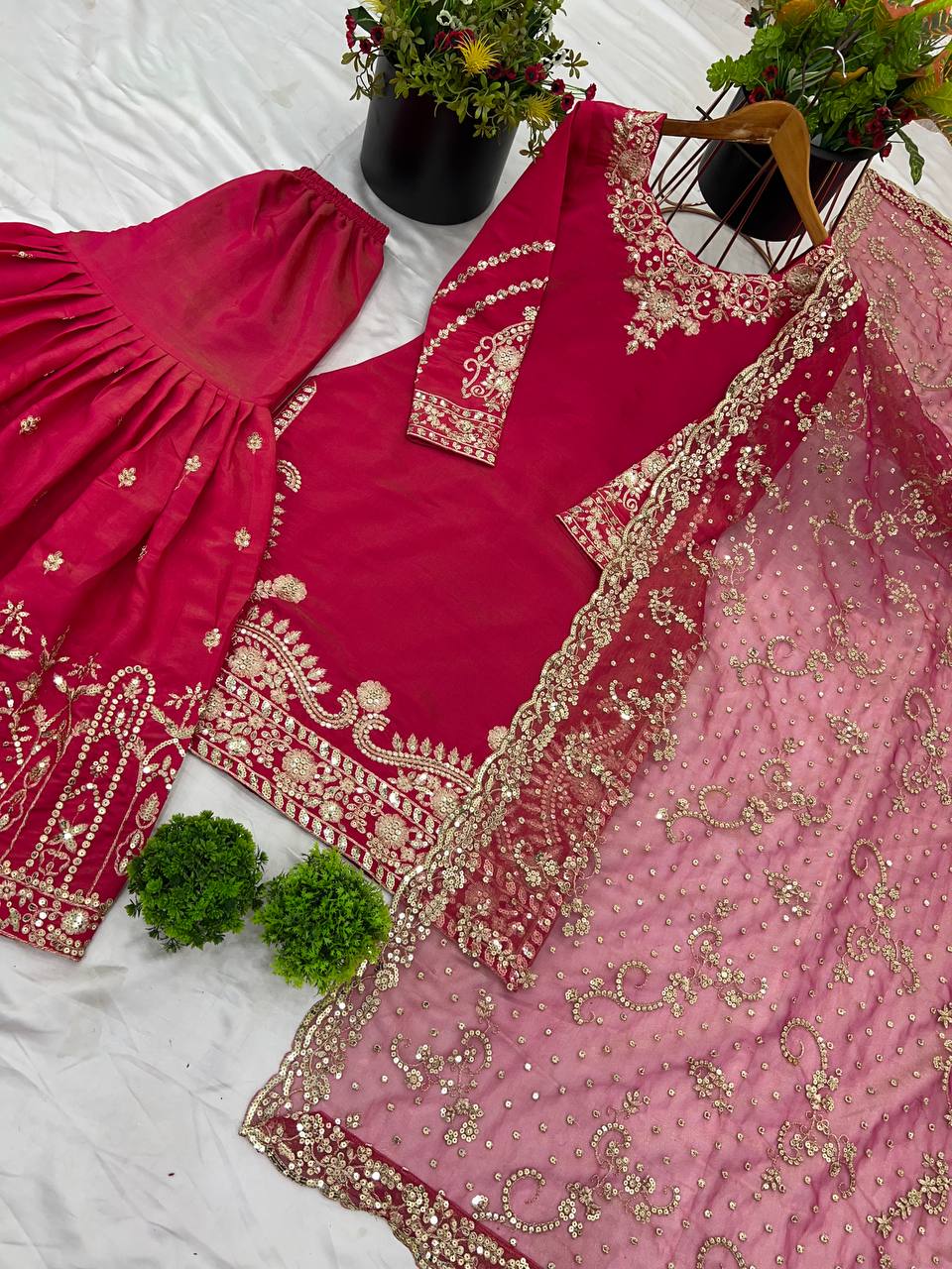 Designer Party Wear Look Top-Plazzo And Dupatta With Heavy Embroidery Work