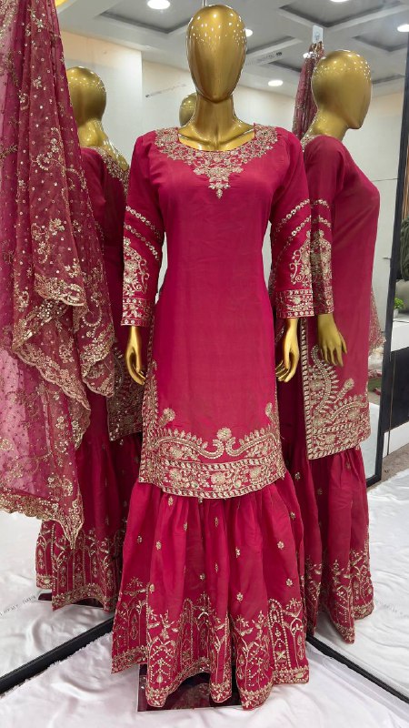 डिज़ाइनर पार्टी वियर लुक टॉप-प्लाज़ो और दुपट्टा हैवी एम्ब्रॉयडरी वर्क के साथ