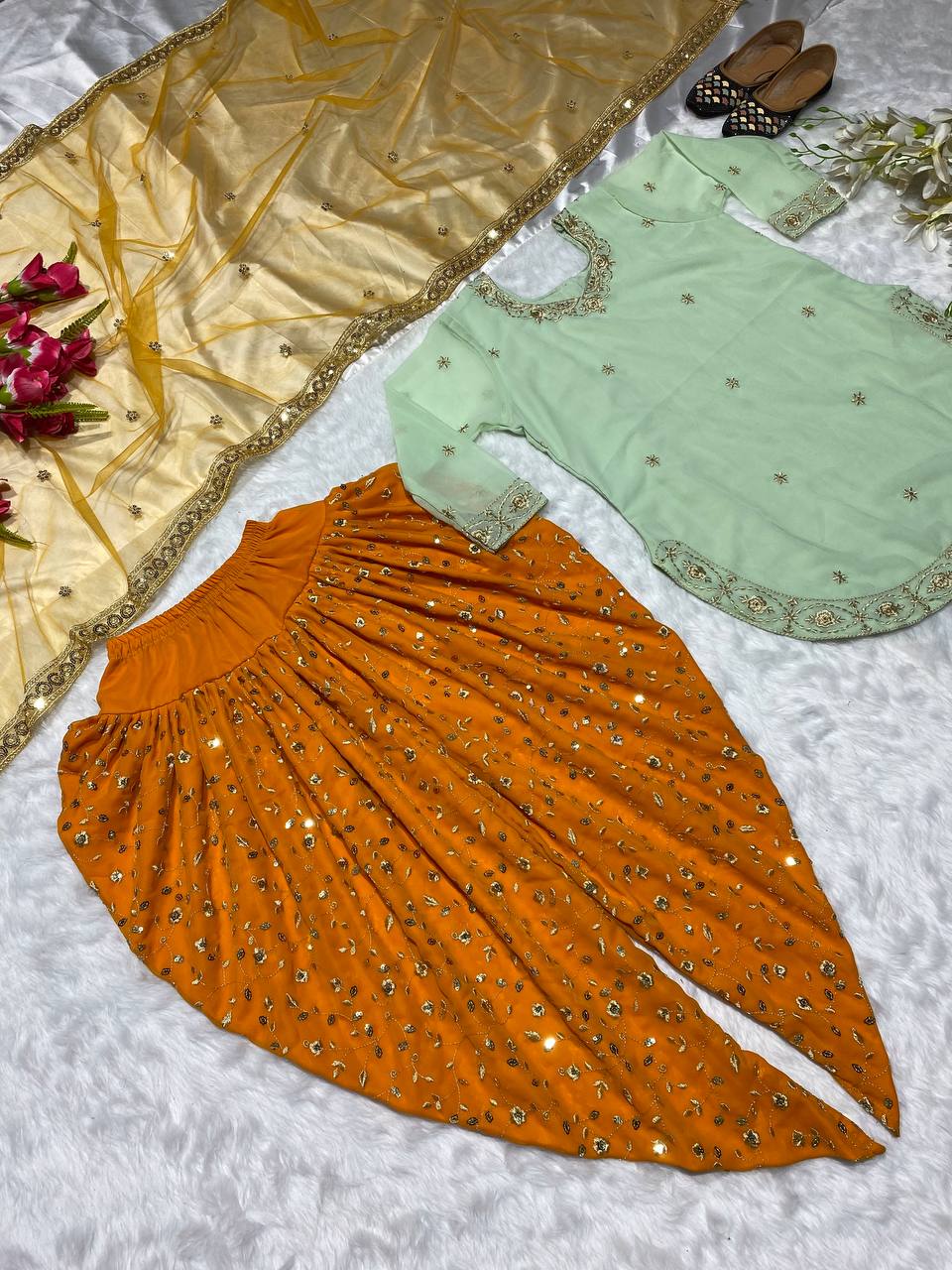 Designer Party Wear Look Top ,Dhoti Salwar And Dupatta