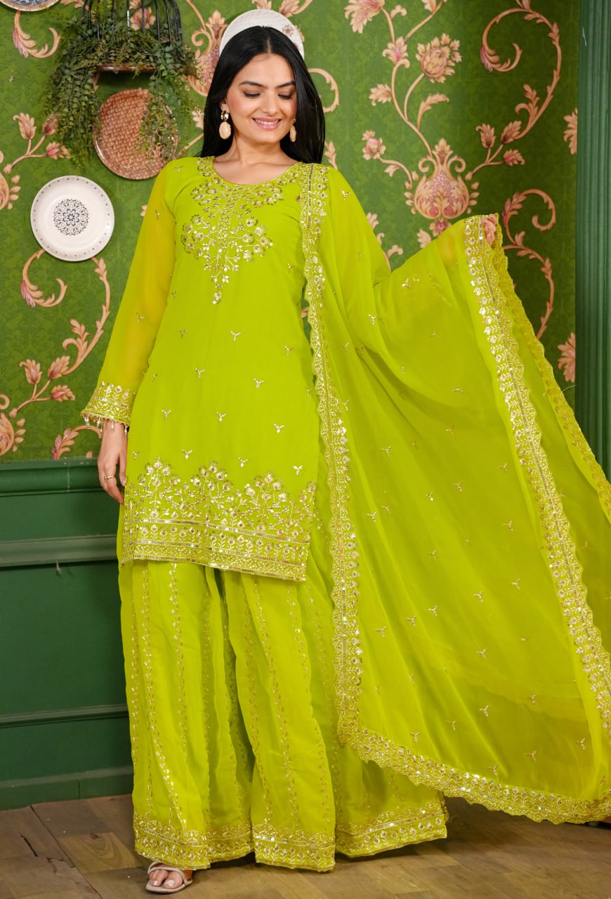 Designer Embroidered Georgette Sharara Suit With Sequence Embroidered Work