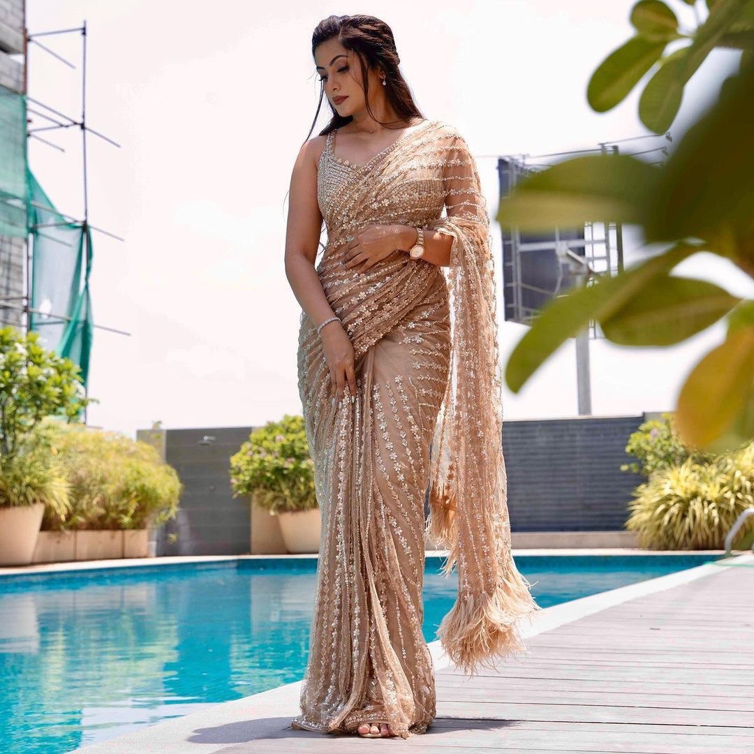 Party Wear Look Saree With Sequence Embroidery Work
