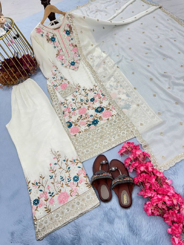 Designer Party Wear Look Pure Chinon Silk Top Plazzo & Dupatta Set