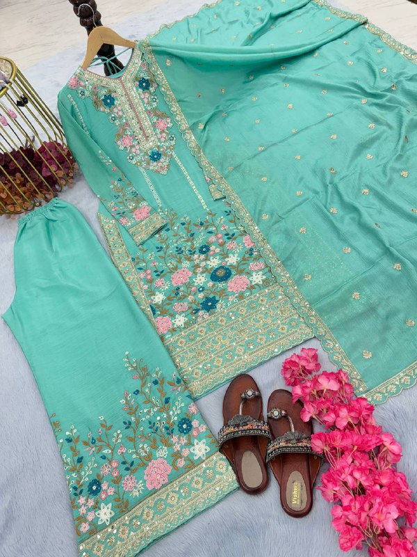 Designer Party Wear Look Pure Chinon Silk Top Plazzo & Dupatta Set