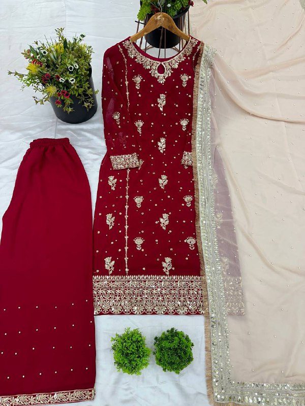 Designer Party Wear Look Top-Plazzo And Dupatta With Heavy Embroidery Work