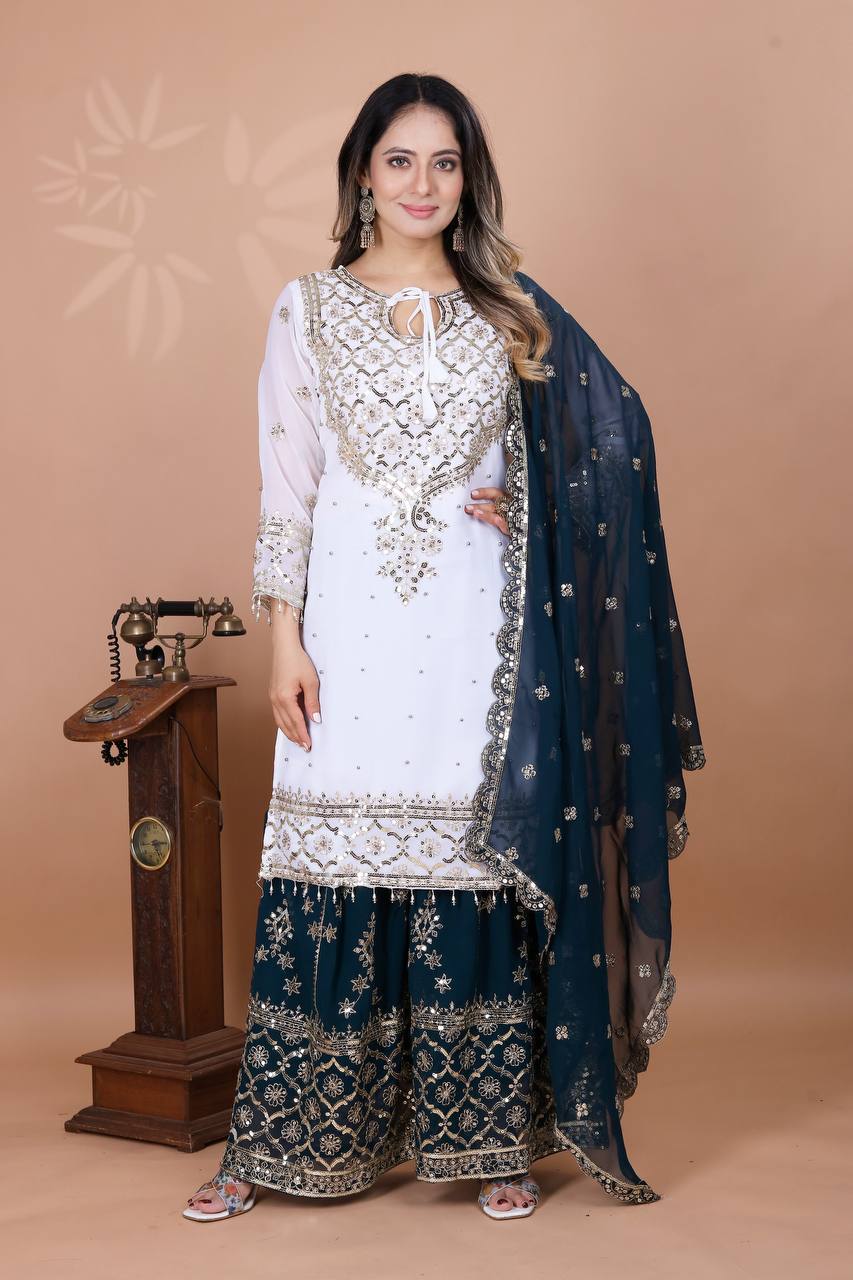डिज़ाइनर पार्टी वियर लुक टॉप-प्लाज़ो और दुपट्टा हैवी एम्ब्रॉयडरी वर्क के साथ