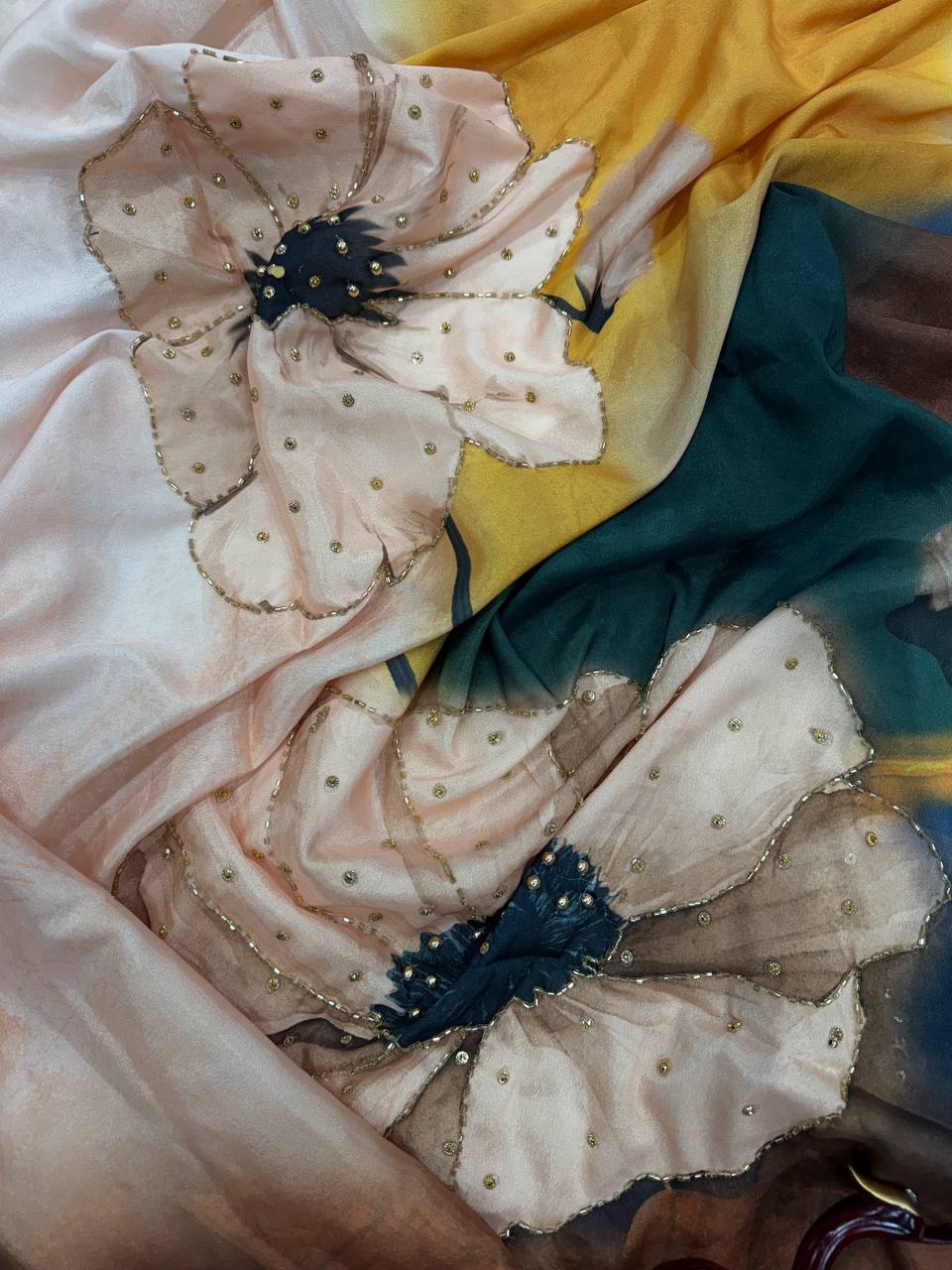 Party Wear Saree With Beautiful Floral Print And Pearls Handwork