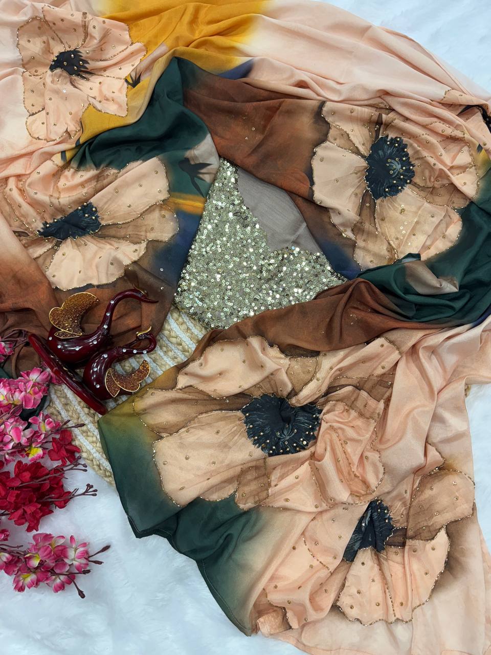 Party Wear Saree With Beautiful Floral Print And Pearls Handwork