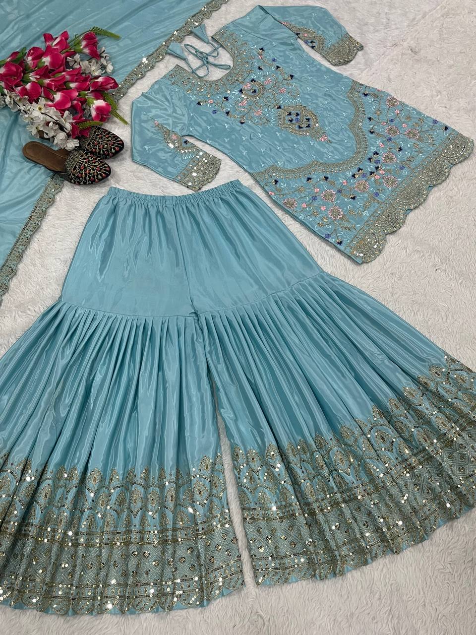 डिज़ाइनर पार्टी वियर लुक टॉप, शरारा प्लाज़ो और दुपट्टा