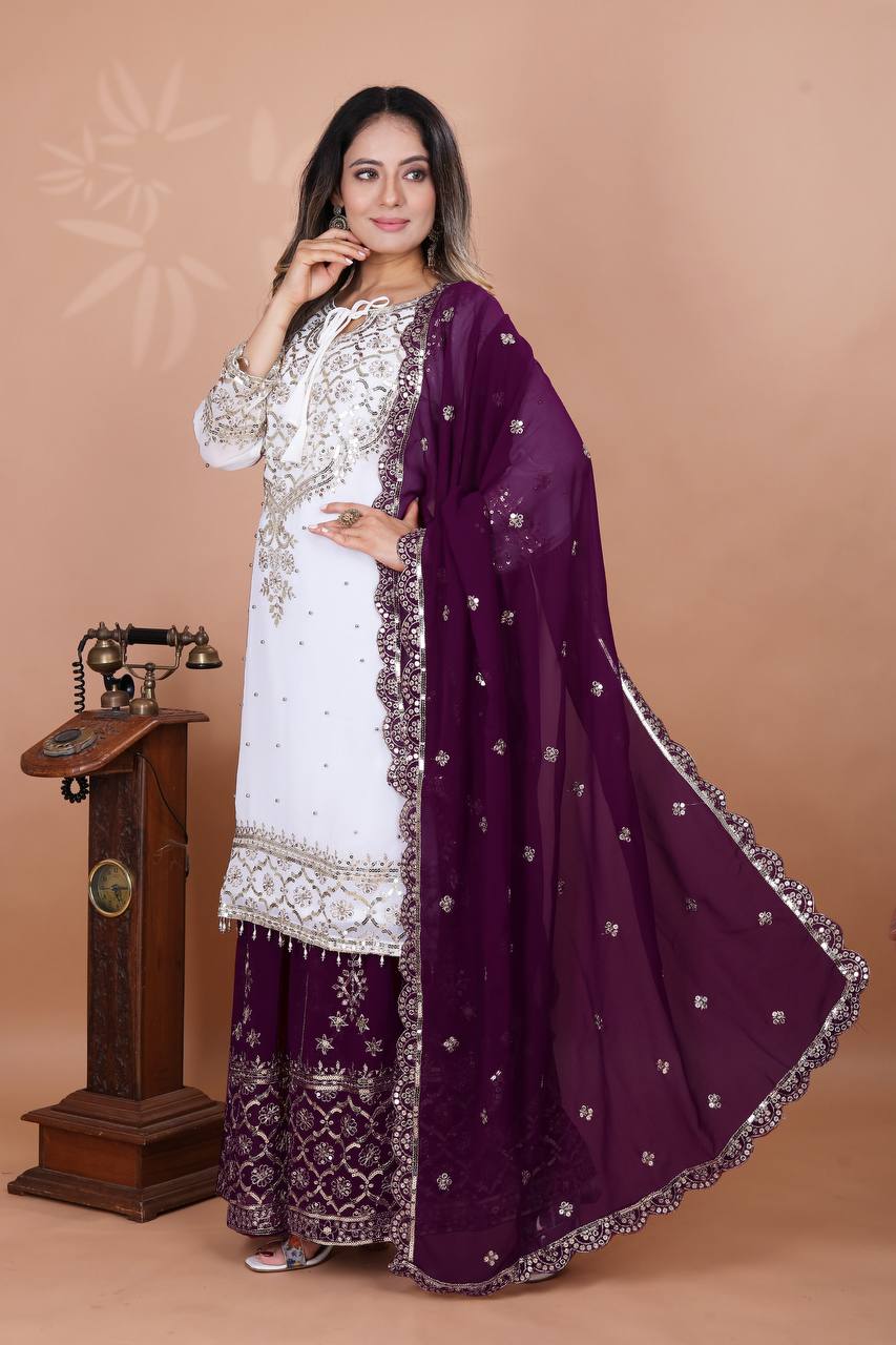 डिज़ाइनर पार्टी वियर लुक टॉप-प्लाज़ो और दुपट्टा हैवी एम्ब्रॉयडरी वर्क के साथ