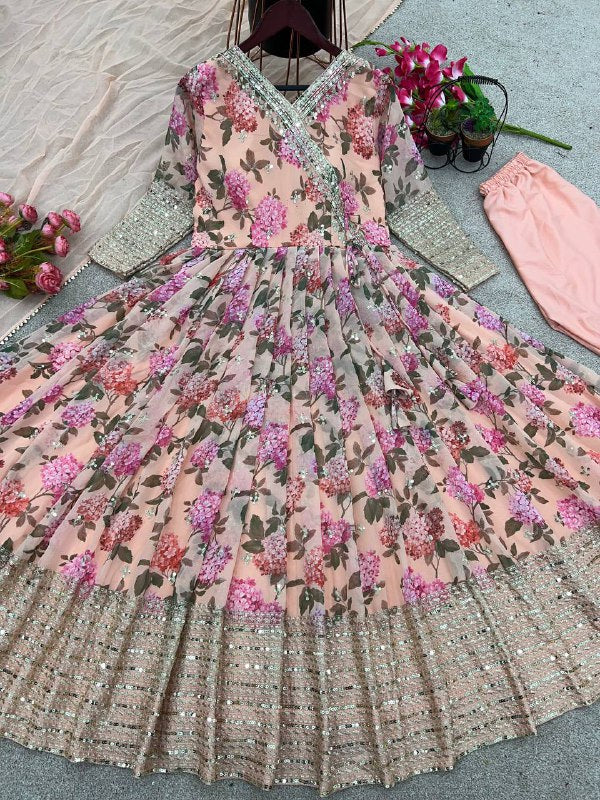 डिज़ाइनर पार्टी वियर लुक गाउन, बॉटम और दुपट्टा