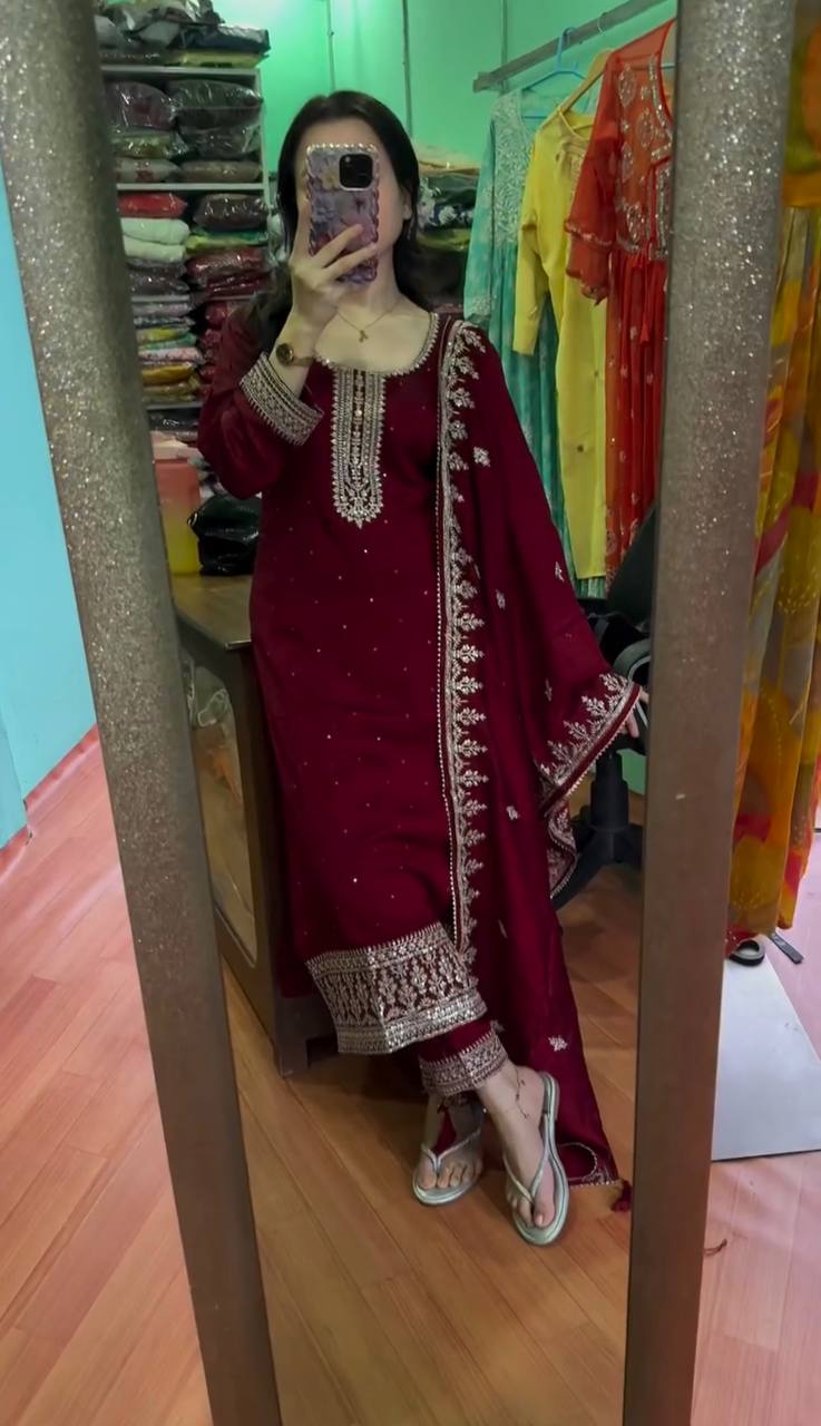 Beautiful Top-Bottom And Dupatta With Embroidery Sequence Work