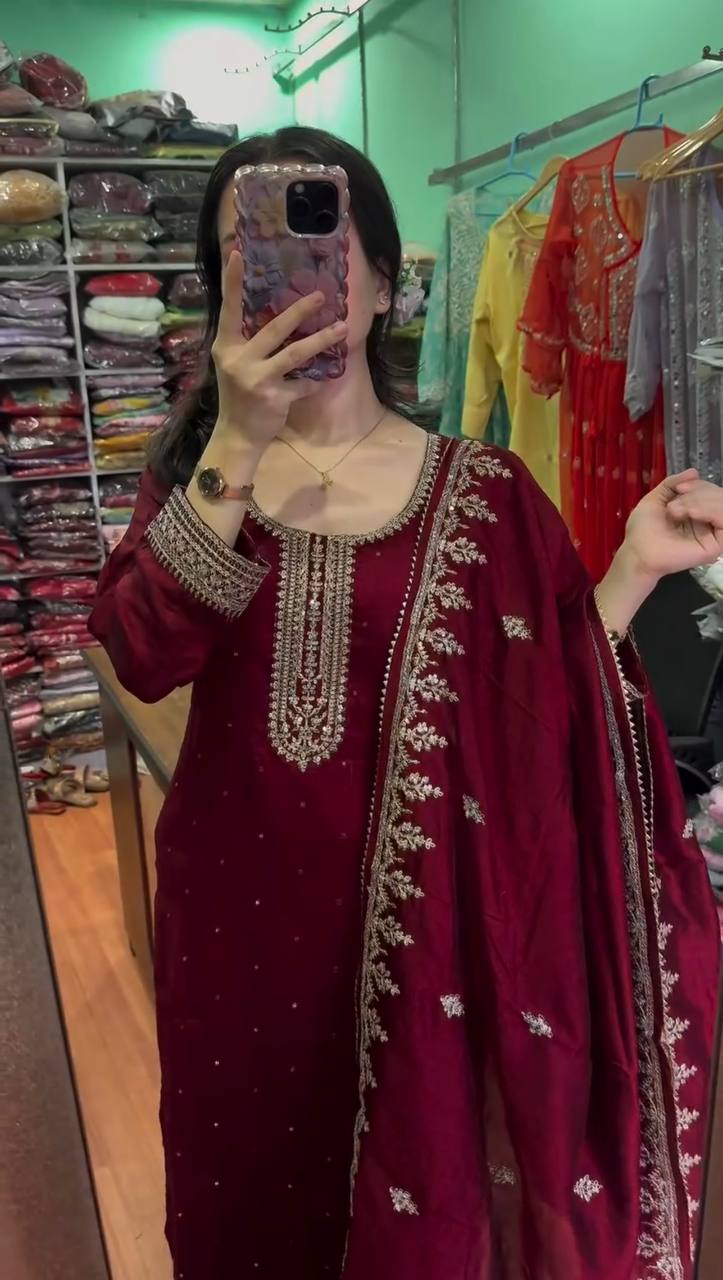 Beautiful Top-Bottom And Dupatta With Embroidery Sequence Work