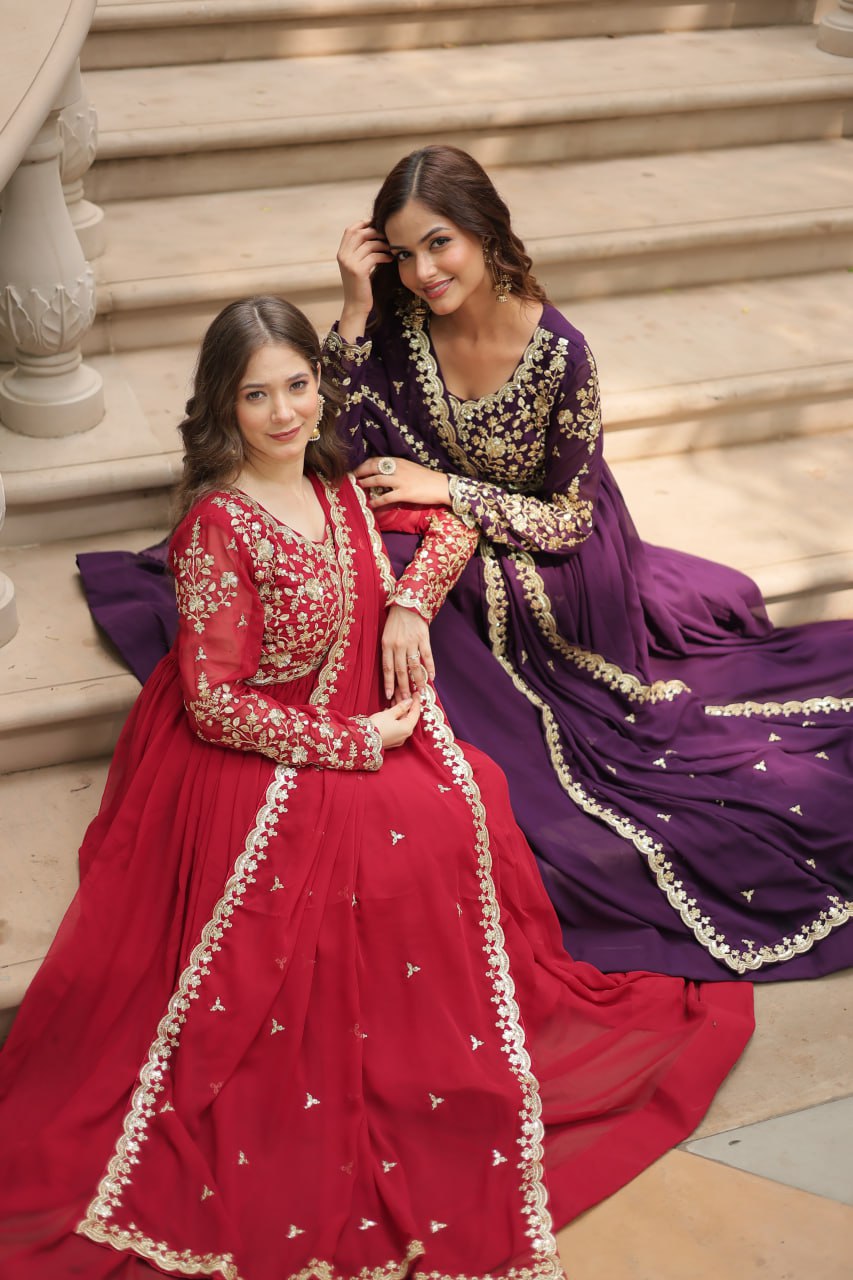 Party Wear Look Gown With Sequins-Multi Embroidered Work