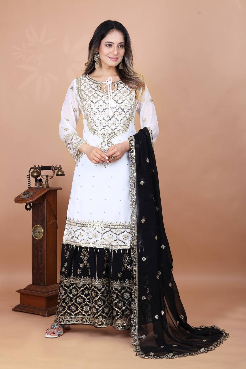 डिज़ाइनर पार्टी वियर लुक टॉप-प्लाज़ो और दुपट्टा हैवी एम्ब्रॉयडरी वर्क के साथ