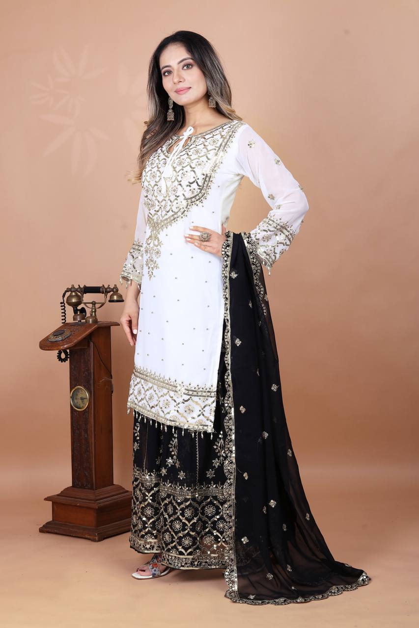 डिज़ाइनर पार्टी वियर लुक टॉप-प्लाज़ो और दुपट्टा हैवी एम्ब्रॉयडरी वर्क के साथ