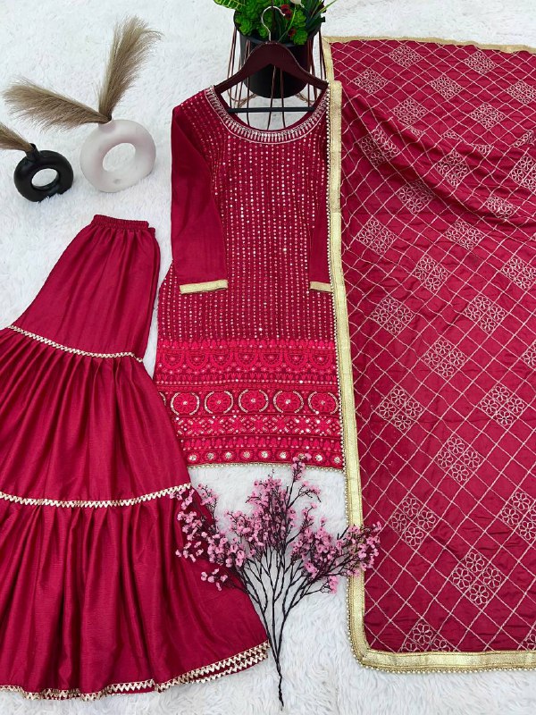 Designer Faux Georgette Heavy Top Plazzo With Dupatta