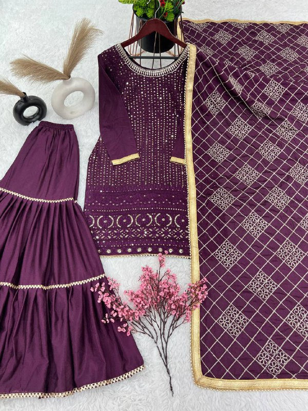 डिज़ाइनर फॉक्स जॉर्जेट हैवी टॉप प्लाज़ो दुपट्टे के साथ