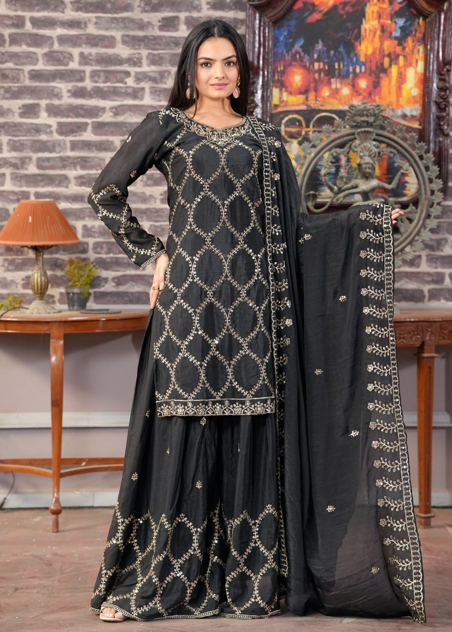 Designer Embroidered Chinon Sharara Suit With Sequence Embroidered Work
