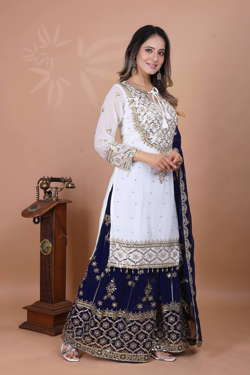 डिज़ाइनर पार्टी वियर लुक टॉप-प्लाज़ो और दुपट्टा हैवी एम्ब्रॉयडरी वर्क के साथ