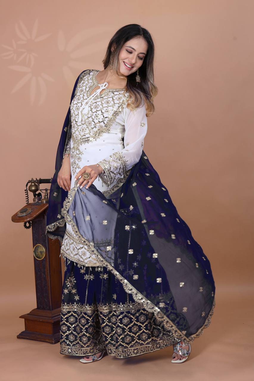 डिज़ाइनर पार्टी वियर लुक टॉप-प्लाज़ो और दुपट्टा हैवी एम्ब्रॉयडरी वर्क के साथ