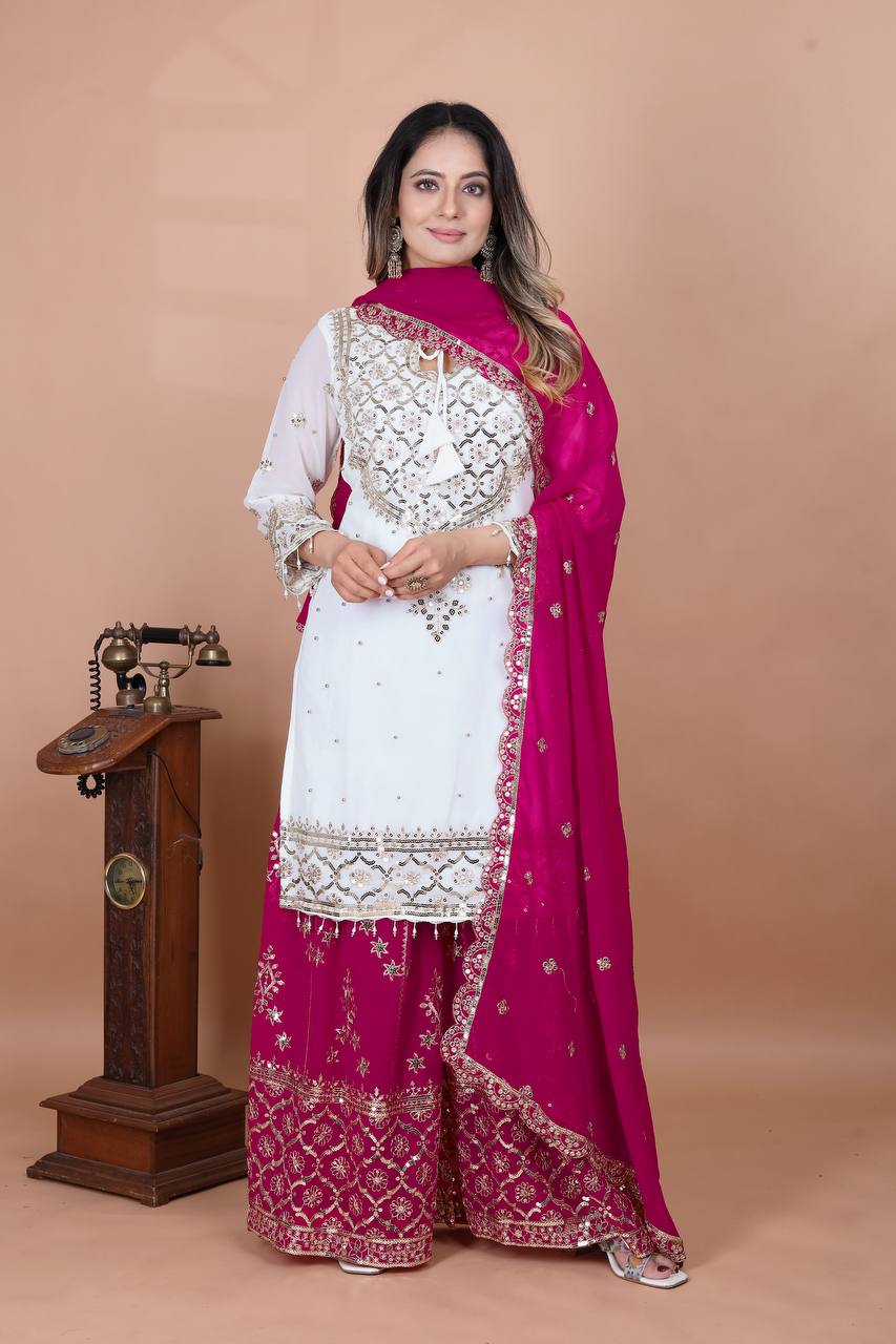 डिज़ाइनर पार्टी वियर लुक टॉप-प्लाज़ो और दुपट्टा हैवी एम्ब्रॉयडरी वर्क के साथ