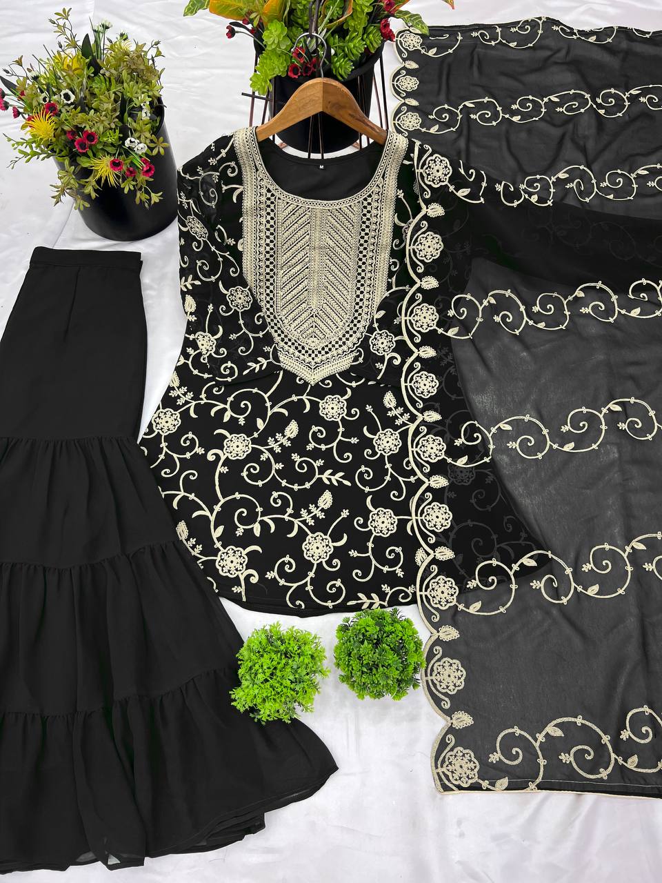 Designer Party Wear Look Top-Sharara And Dupatta With Heavy Embroidery Work