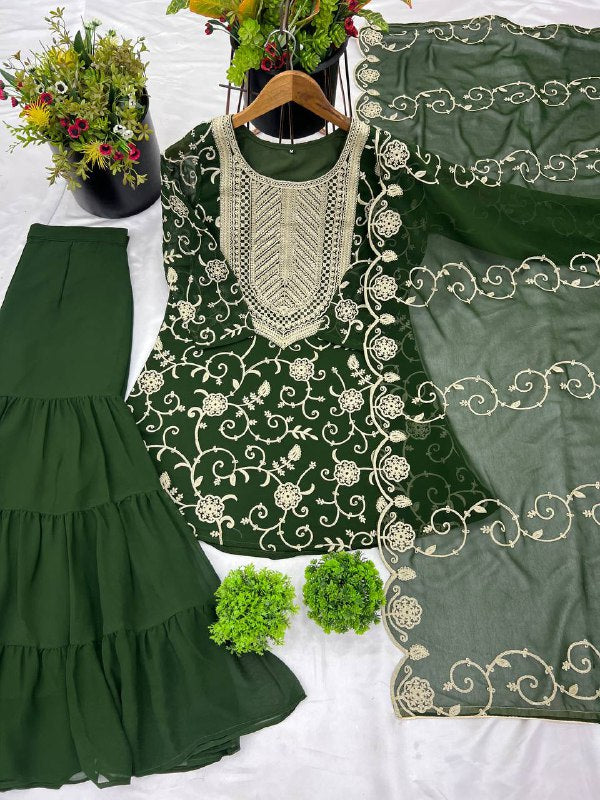 Designer Party Wear Look Top-Sharara And Dupatta With Heavy Embroidery Work