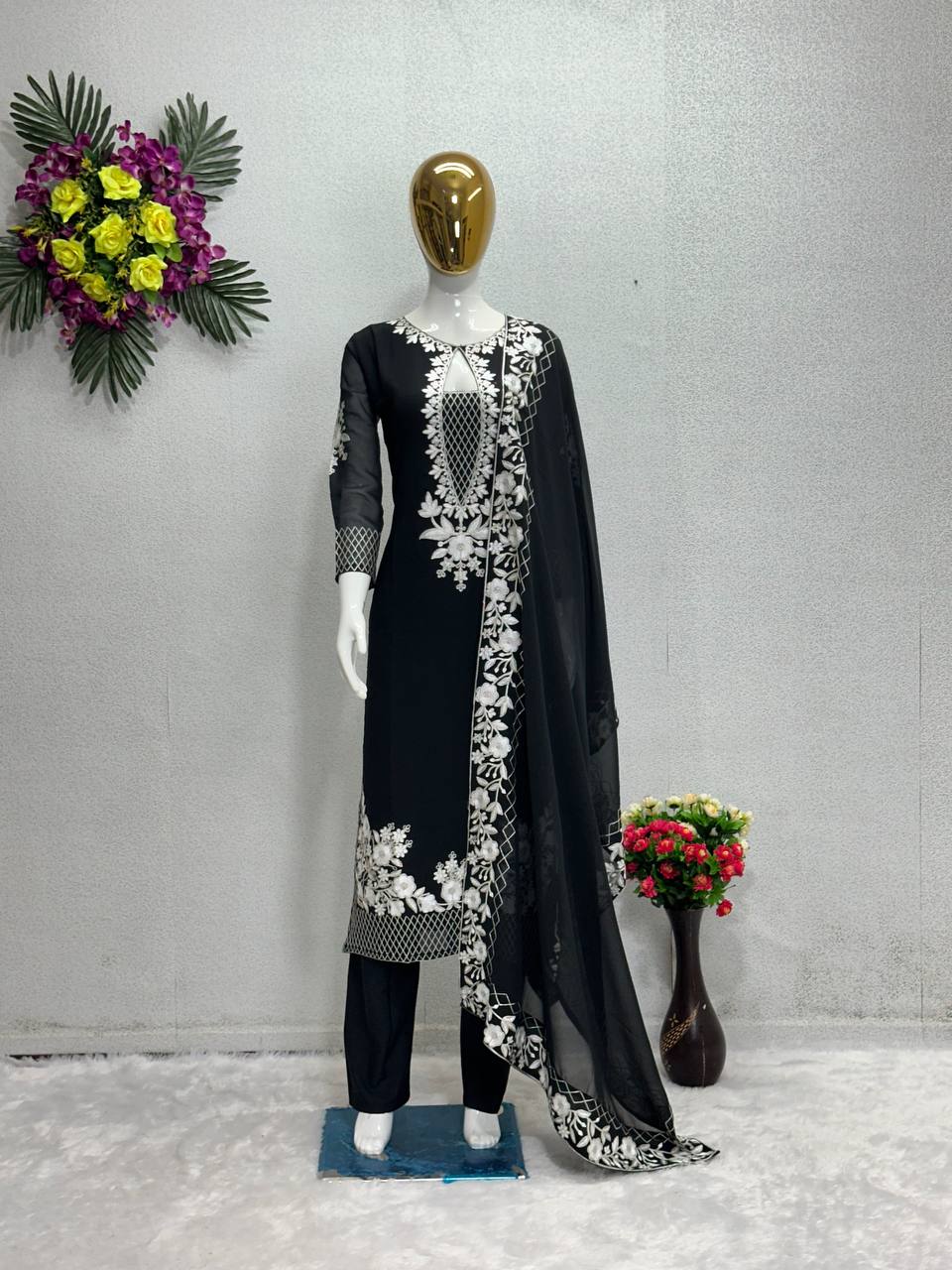 Beautiful Party Wear Top Bottom And Dupatta With Stitched Work