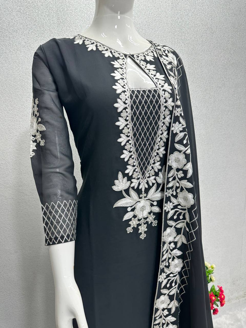 Beautiful Party Wear Top Bottom And Dupatta With Stitched Work